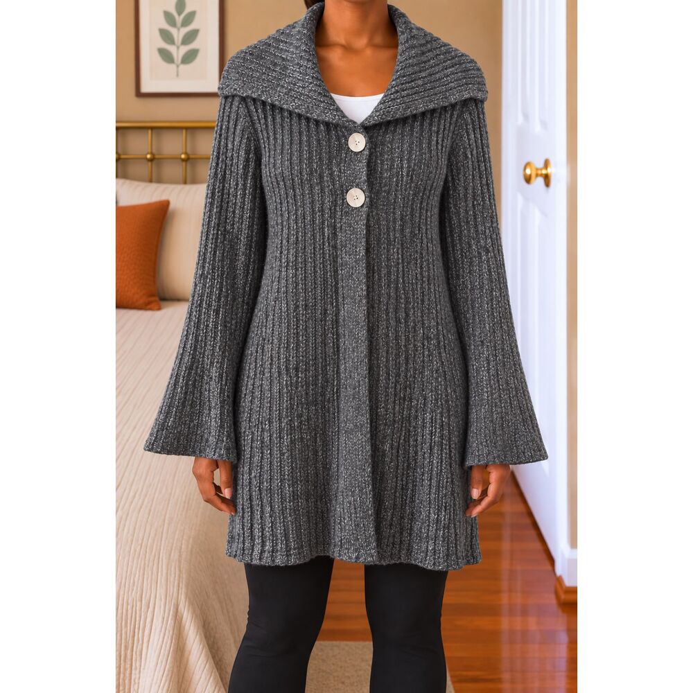 Hook Up By IOT Womens Size M Gray Chunky Knit Cardigan Shawl Collar Button Front